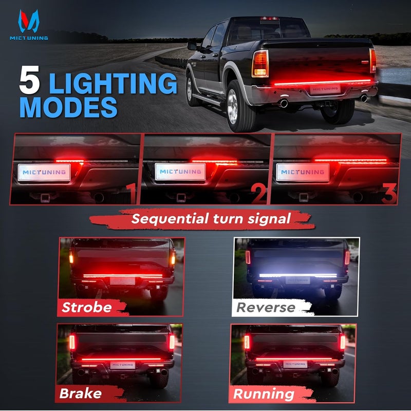 MICTUNING 60 inches Red Sequential Turn Signal LED Brake Lamp Triple Row 504 LEDs Tailgate Strip Light Waterproof for Ford F150/RAM 2500 - 5 Functions - Image 3